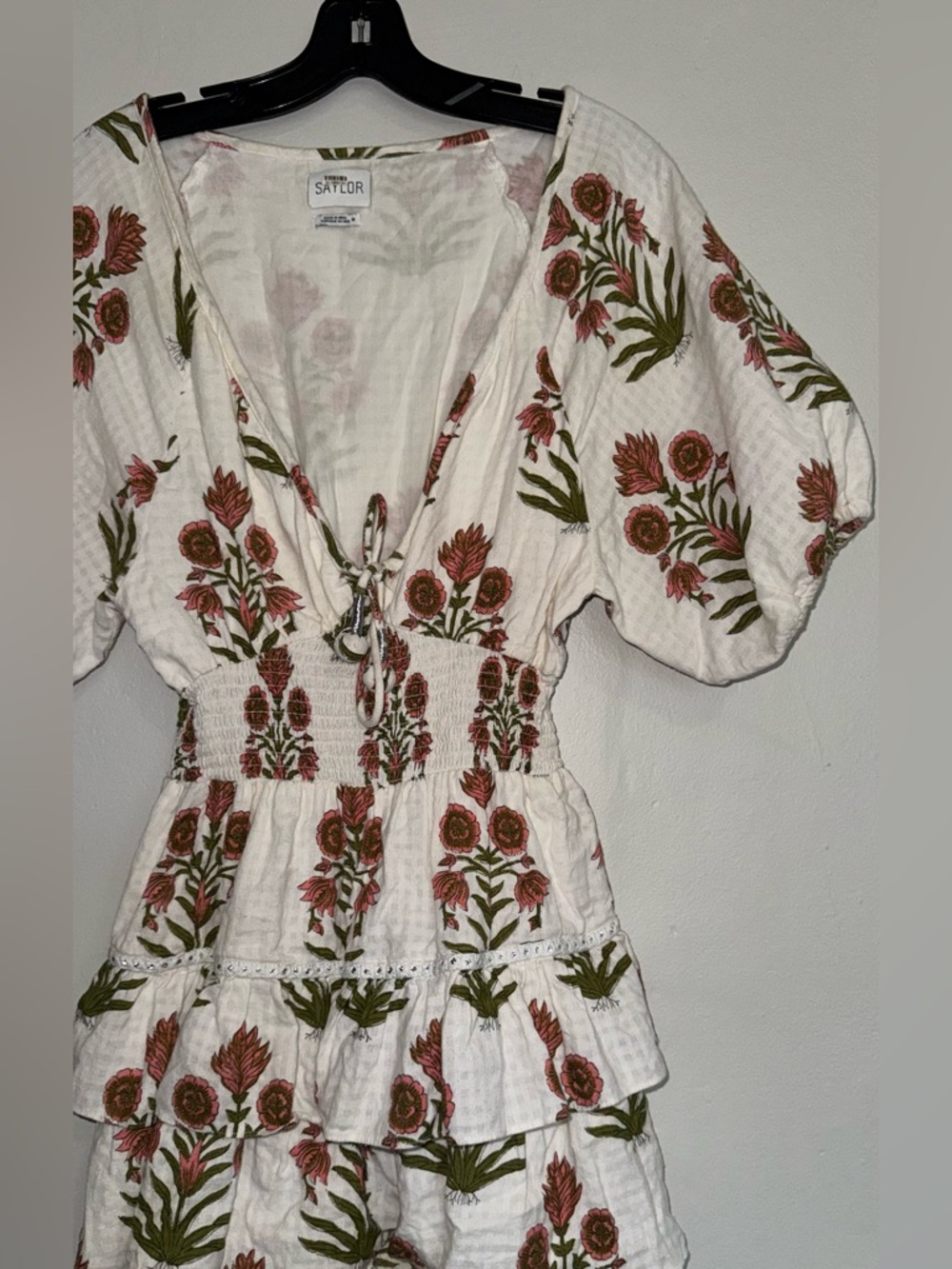SAYLOR White Dress with Subtle Pink and Olive Floral Accents - Picture 7 of 16